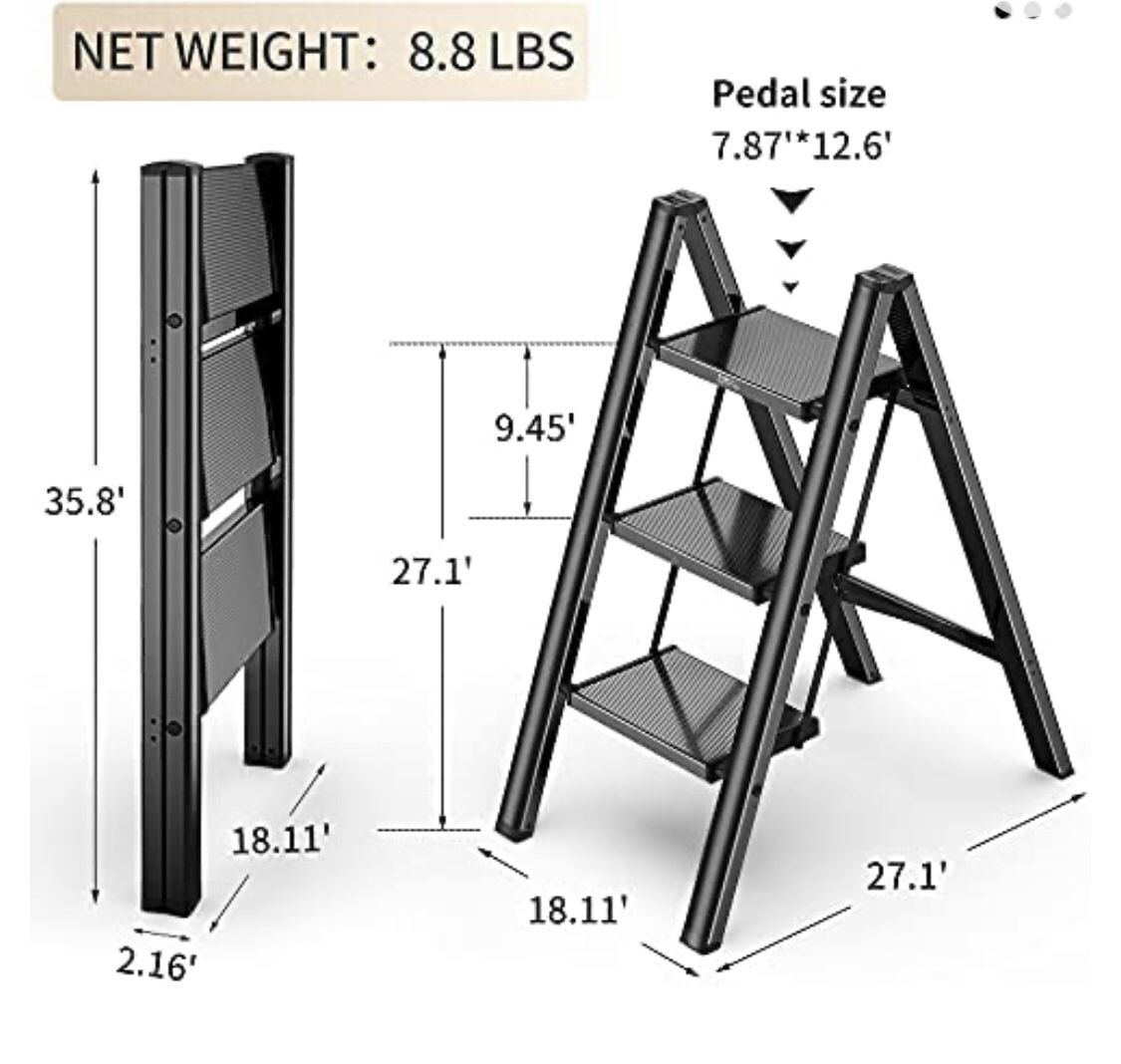3 Step Ladder Folding Step Stool with Anti-Slip Sturdy and Wide Pedal, Aluminum Portable Lightweight Step Stool for Adults Multi-Use for Home and Kitc