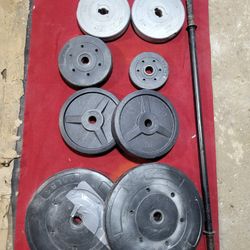 90LBs PLASTIC WEIGHTS 5' BAR   2-25s. 2-10s   1-5s  2-2.5s  SOME  CRACKS TAPED UP
11525 S HALSTED DUNKIN DONUTS/7111.S WESTERN WALGREENS 
30$  CASH ON