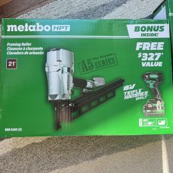 Metabo HPT Pro Bundle 3-1/4 Inch 21 Deg Plastic Collated Framing Nailer with BONUS Impact Driver Kit KNR83A5(S)M