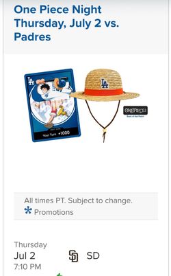 LA Dodgers One Piece Night 7/2/26 vs Padres tickets for sale