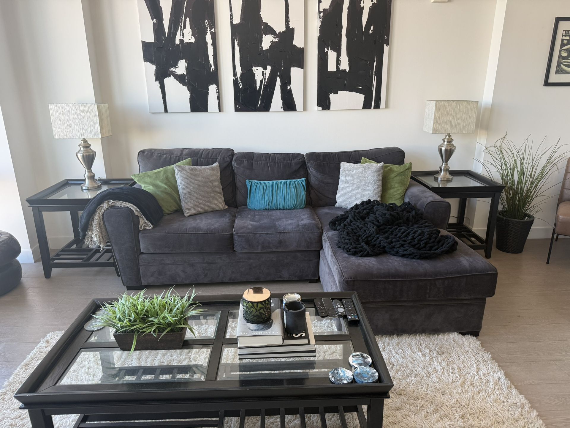 Living Room Set Couch, Coffee Table, Side Tables, and Lamps