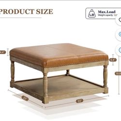 Large Square Ottoman Coffee Table for Living Room, Upholstered Tufted Faux Leather Footrest Storage Ottoman with Solid Wood Shelf, Footrest Stool (Bro