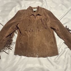 The Quacker Factory  woman’s M Suede leather Brown  Fringe Jacket with silver rhinestones.