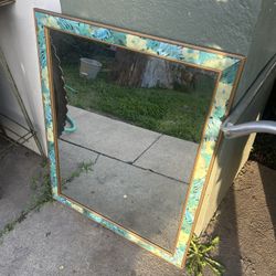 Leaf it to me; Vintage Floral Wood Framed Mirror in Blues and Golds: