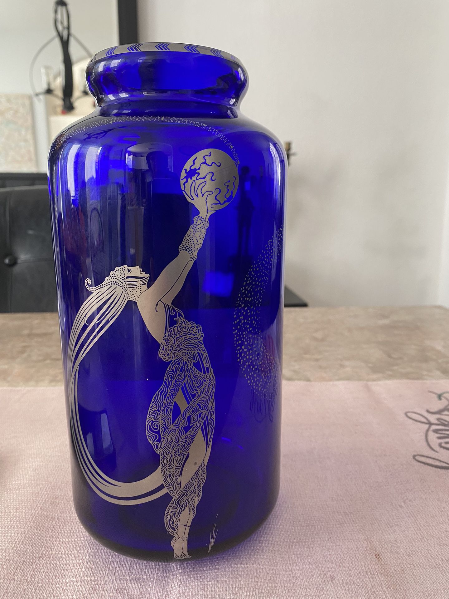 Vintage Erte' "Fireflies" Blue Glass And Silver Metallic Vase By Franklin Mint.