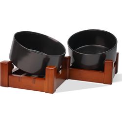 Ceramic Dog Cat Bowls Elevated with Bamboo Stand, ZSTea 15° Tilted Dog Cat Food and Water Bowl Stand, Nonslip Raised Pet Bowls for Small Medium Dogs -