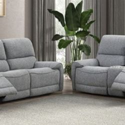 Brand New Grey Super Plush Power Reclining Sofa & Loveseat