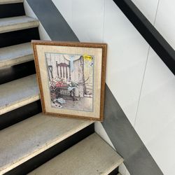 Rustic Garden Scene Framed Print 22x18, flowers and chair art