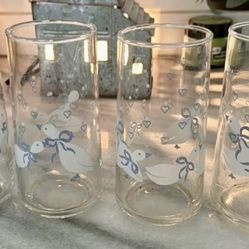 Vintage Libbey  Country White Goose Geese Duck Blue Ribbon Bow glasses