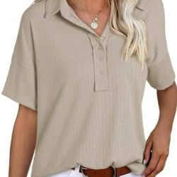 NEW! Women's Short Sleeve Henley Shirt V Neck Tunic Button Ribbed Knit (Size M-Light French Beige)