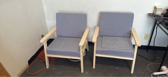 Pair of Wood Frame Armchairs with Gray Cushions