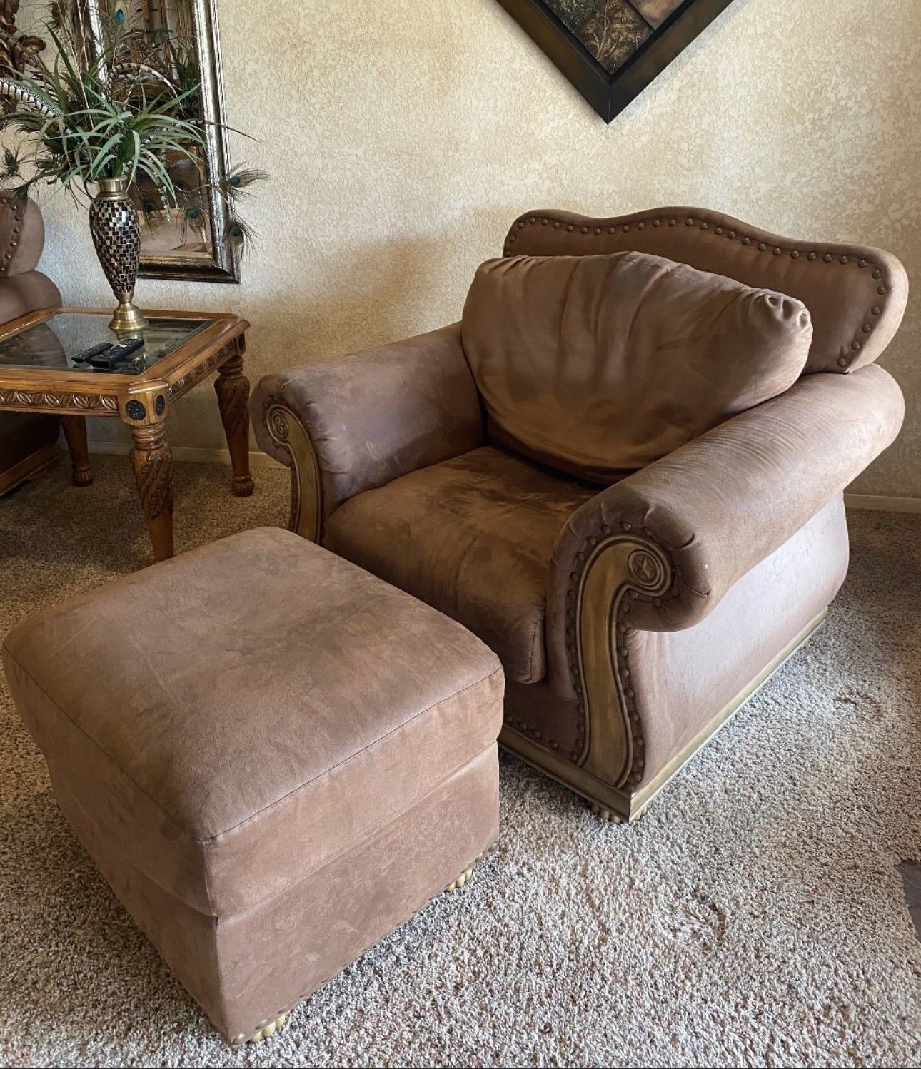Western Rustic Leather & Wood Chair With Ottoman