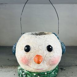 Vintage “Inspired” Snowman paper mache/pulp bucket decor. 5” tall x 6” wide.  Sparkly glitter with primitive aged Crackled effect. 