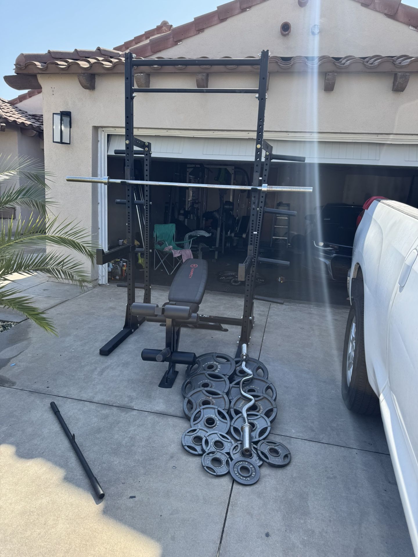 Rogue s-2 squat rack/ Bench press with 7ft 45lbs bar plus 255lbs of Olympic weights and curl bar
