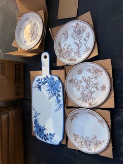Floral Ceramic Plates and Serving Board Set