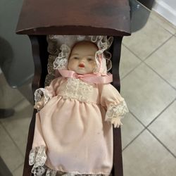 Antique Doll W/ Rocking Bed And Wind Up Music
