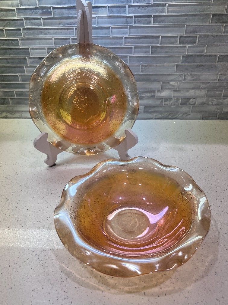 Vintage Marigold Carnival Glass Hexagonal Candy Nut Dish Bowl with Ruffled Edge