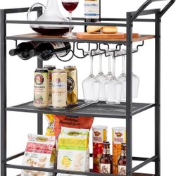 Tajsoon 3-Tier Bar Cart, Mobile Bar Serving Cart, Industrial Style Wine Cart for Kitchen, Beverage Cart with Wine Rack and Glass Holder, Rolling Drink