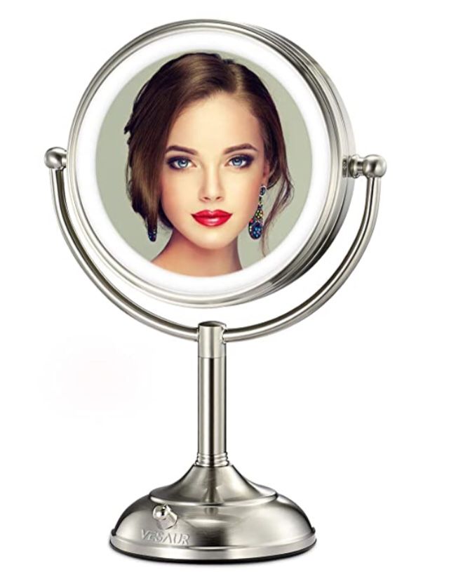 VESAUR Professional 7.5" Lighted Makeup Mirror, 10X Magnifying Vanity Mirror with 28 Medical LED Lights, Senior Pearl Nickel Cosmetic Mirror, Brightn