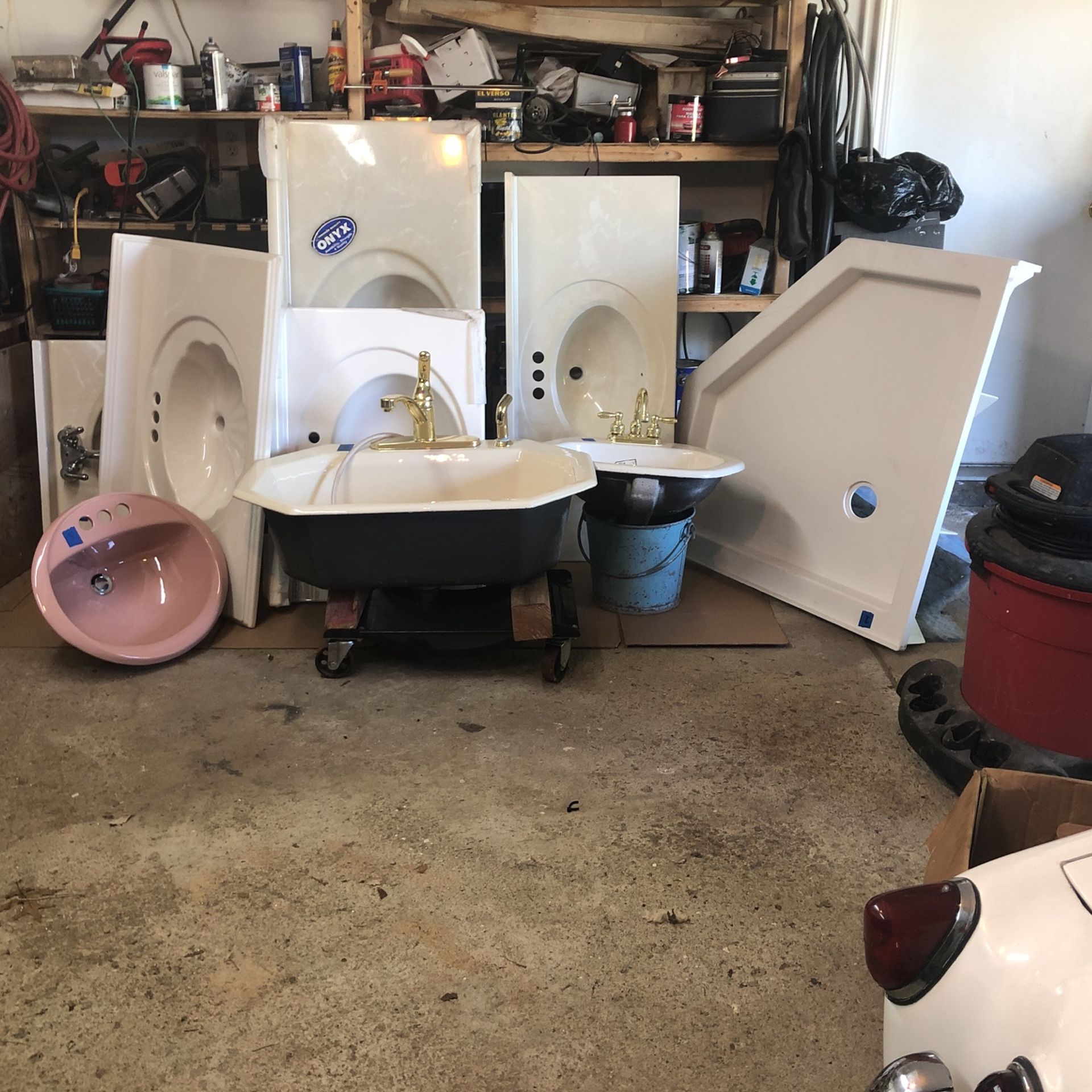 Bathroom Sink Tops,Sinks Includes some Facets and hardware and Floor shower base. Nine (9) Total Pieces.