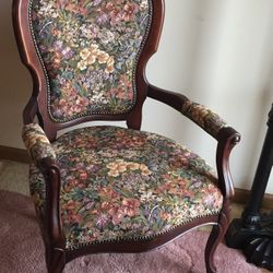 Queen Anne Tapestry Wood Carved Arm Chair