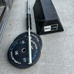 Gym Barbell, Bench, Bumper Plates