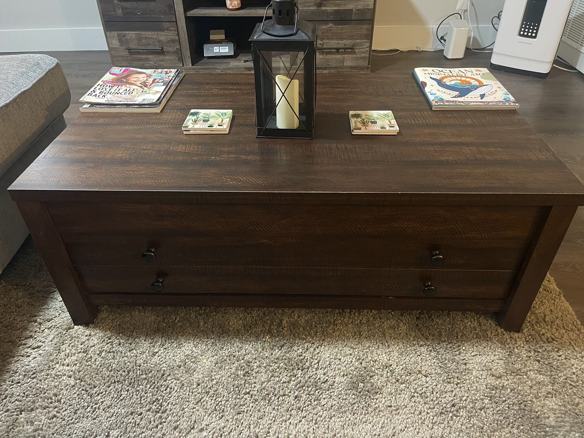 Dark Brown Wood Lift-Top Coffee Table with Bottom Drawer