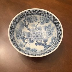 Vintage Blue & White Porcelain Floral Bowl – Hand-Painted Asian Style