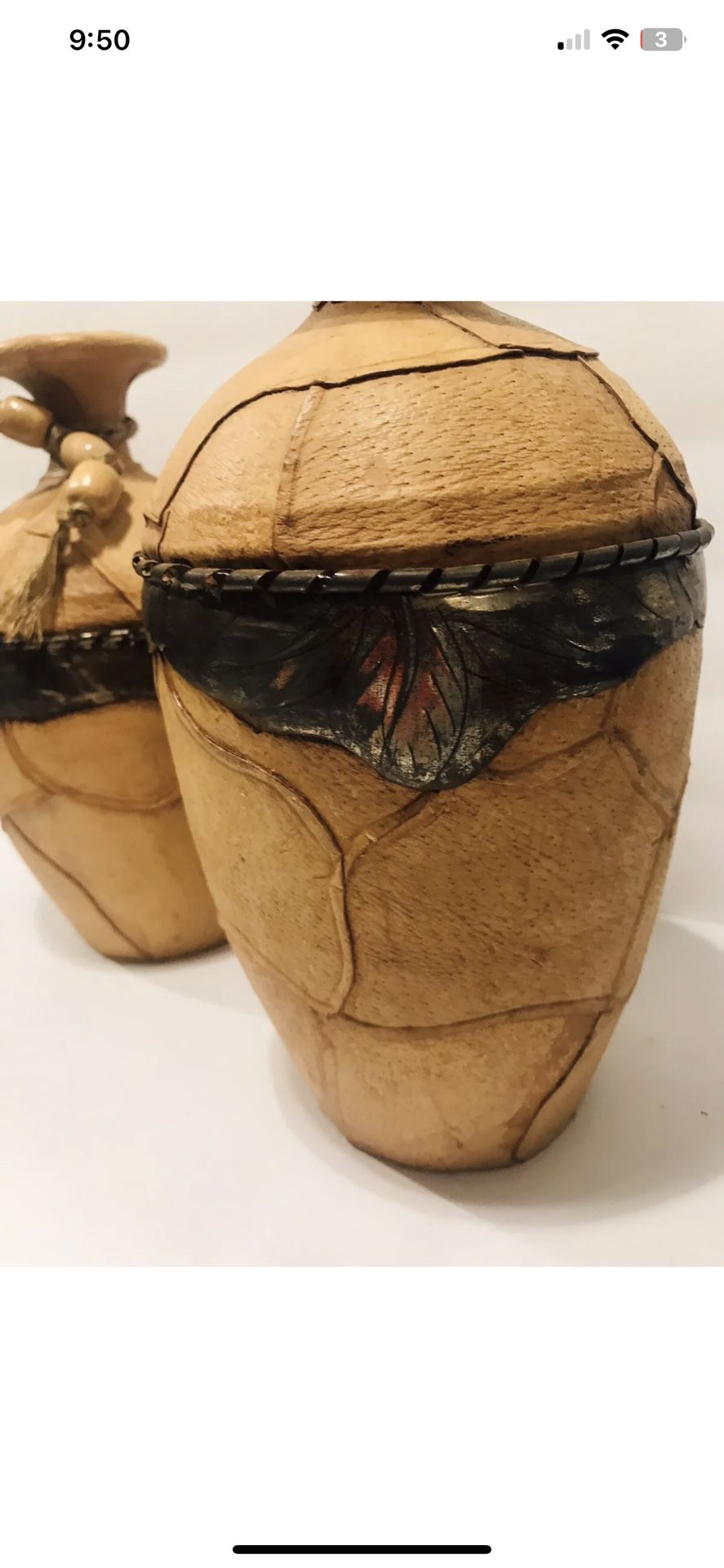 Set Of Two Vintage Leather Wrapped Vases Vintage Farmhouse Rustic Vases 11”,9”.  Beautiful and stunning pair of rustic vases, leather wrapped with met