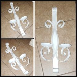 VINTAGE ORNATE WHITE METAL DOUBLE CANDLE PILLER HOLDER HANGING WALL SCONCE DECOR DISPLAY