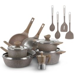 Brand New! KASANOVA 15Pcs Pots and Pans set for cooking nonstick, Aluminum cookware set with glass lids, Coffee maker and nylon kitchen tools. 