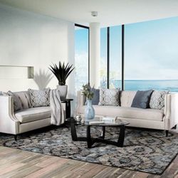 Brand New Beige Sofa and Loveseat Set With Beautiful Blue/Beige Pillows-Made In USA 🇺🇸 