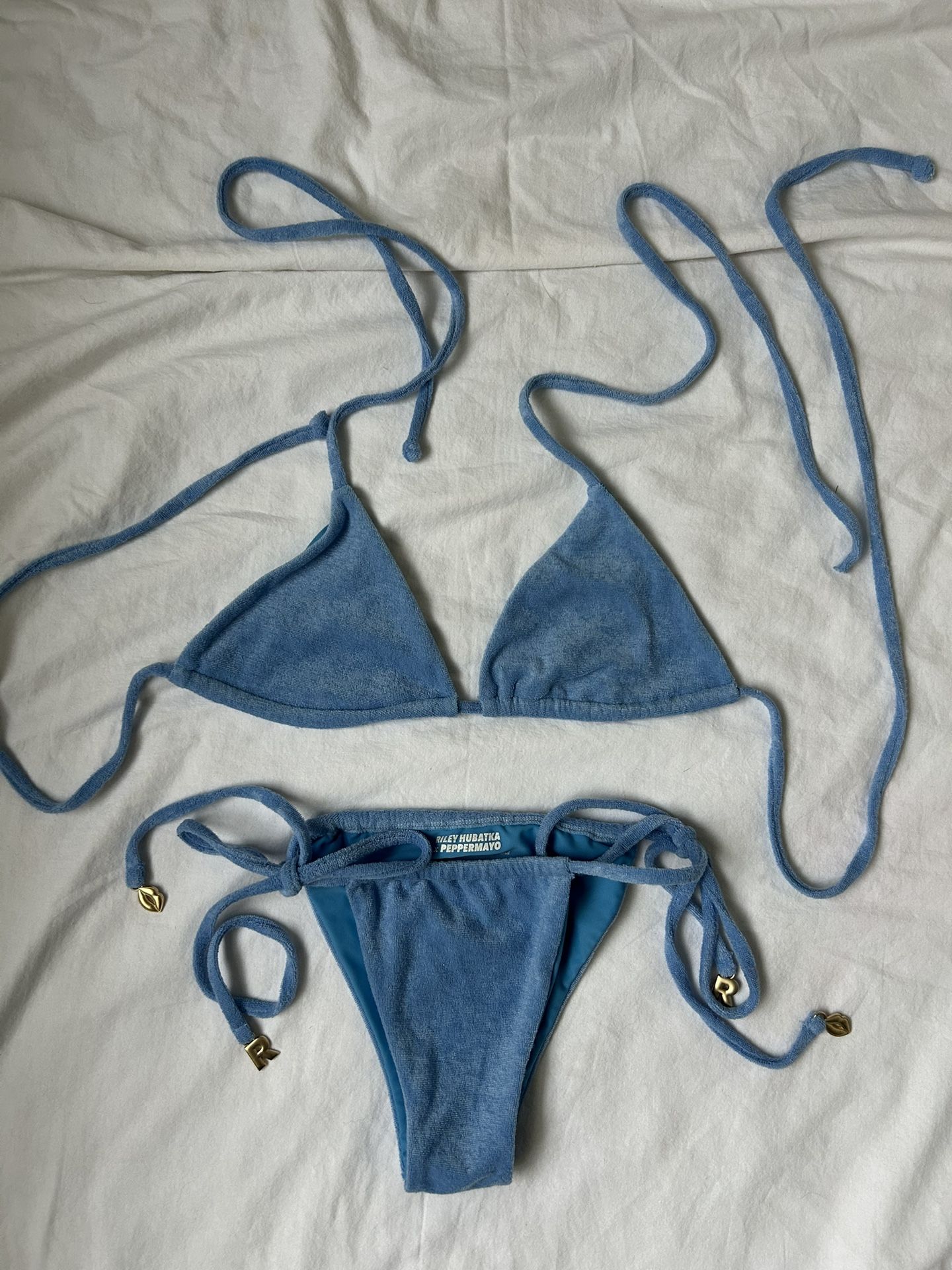 RILEY HUBATKA × PEPPERMAYO Blue Triangle Bikini with Gold Accents