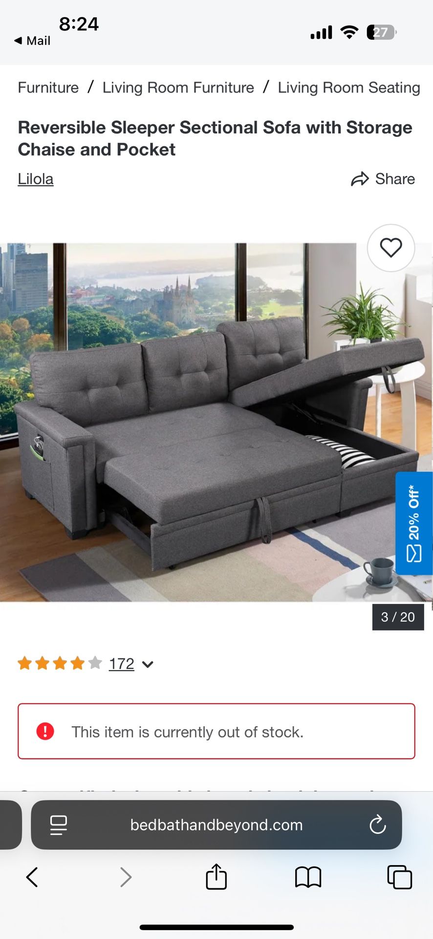 Reversible Sleeper Sectional Sofa with Storage Chaise And Charging Pocket