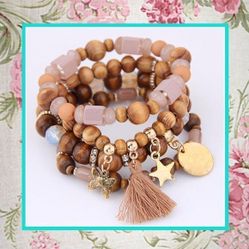4PC BRACELET STACKER BEAD WOOD GOLD ROSE QUARTZ FRINGE SET BUNDLE FASHION DESIGNER BOHO GYPSY SISTERS BOHEMIAN GOLD STAR COIN BEADS CHIC LOVE