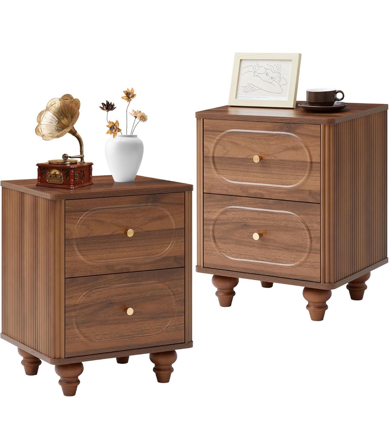 2 Drawer Fluted Mini Small Dresser for Bedroom Set of 2, Mid Century Modern Nightstand Bedside End Table, Wood Storage Dresser Organizer for Bedroom L