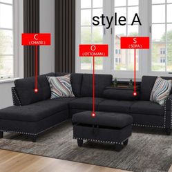 Black Grey Linen 3 Seater Sectional Sofa Set With Ottoman 