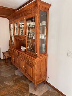 Oak China Cabinet Hutch with Leaded Glass Doors