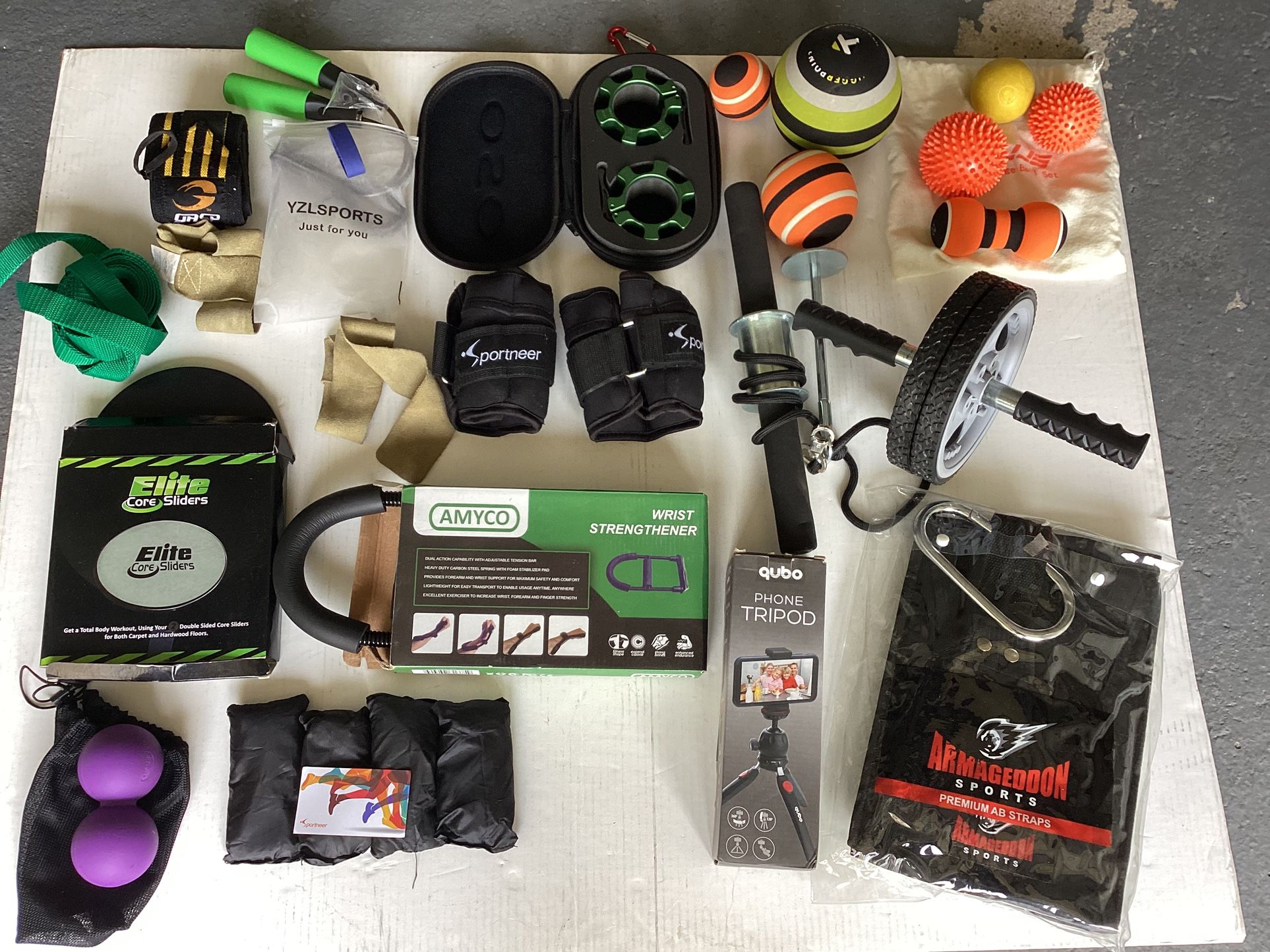 Preowned Gym / Exercise Equipment Leg Weights, Fascia Balls, AB Roller Phone Tripod, Barbell Collars, Hanging AB Sling etc.