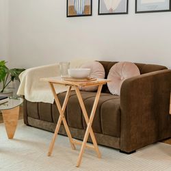 4-Piece Natural Wood Folding TV Tray Table Set with Storage Rack