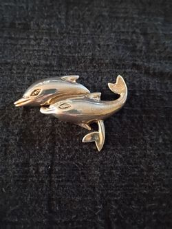 925 Sterling Silver Double Dolphin Brooch