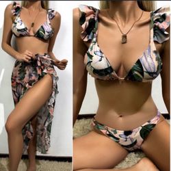 Strap Beach 3pack Trim Skirt Three-Piece & Swimwear Color Ruffle Print Adjustable Swimsuit Bikini Bikini Set