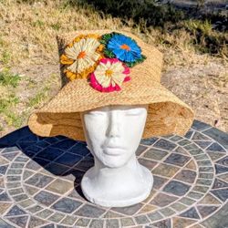 Colorful Sun Floppy Woven Straw 3 Garden Flowers Hat GUC
