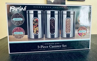 Parini Essential Collection 3 piece canister set, Stainless Steel Polished, New