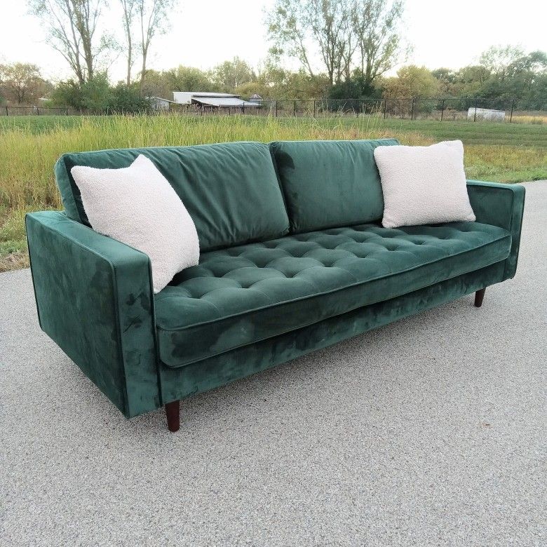 Mid-Century Green Velvet Sofa - Free Delivery Today 
