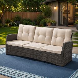 3 seater sofa beige cushions with grey wicker