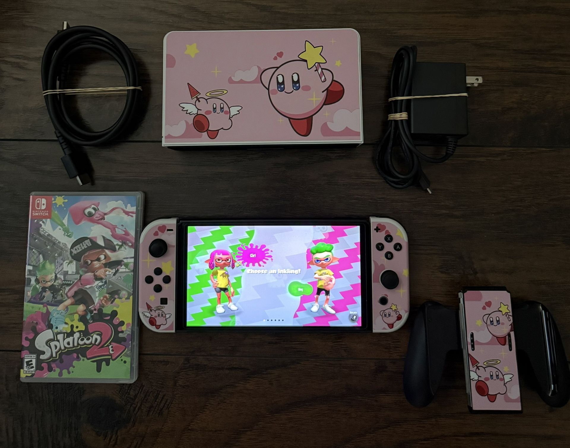Nintendo Switch OLED All White Kirby Skin Plus Splatoon 2