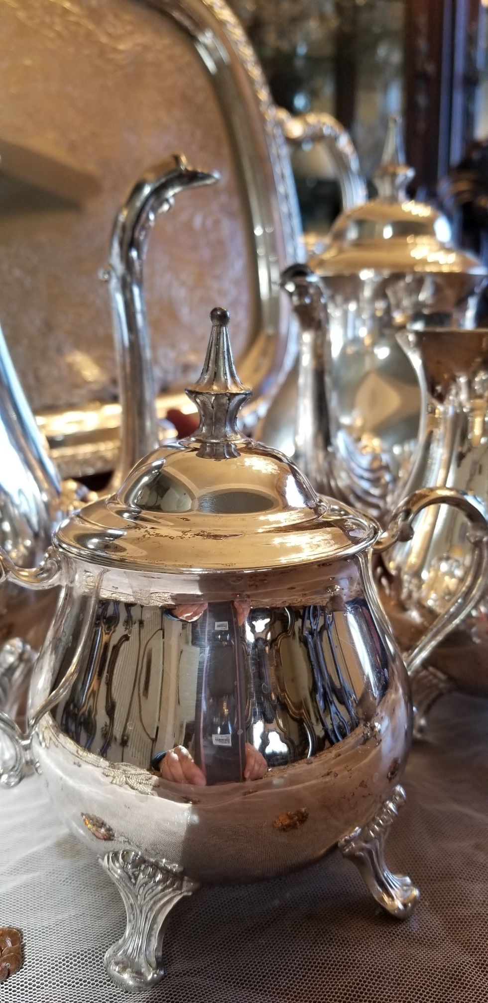 Silverplated tea and coffee set with edge decorated tray