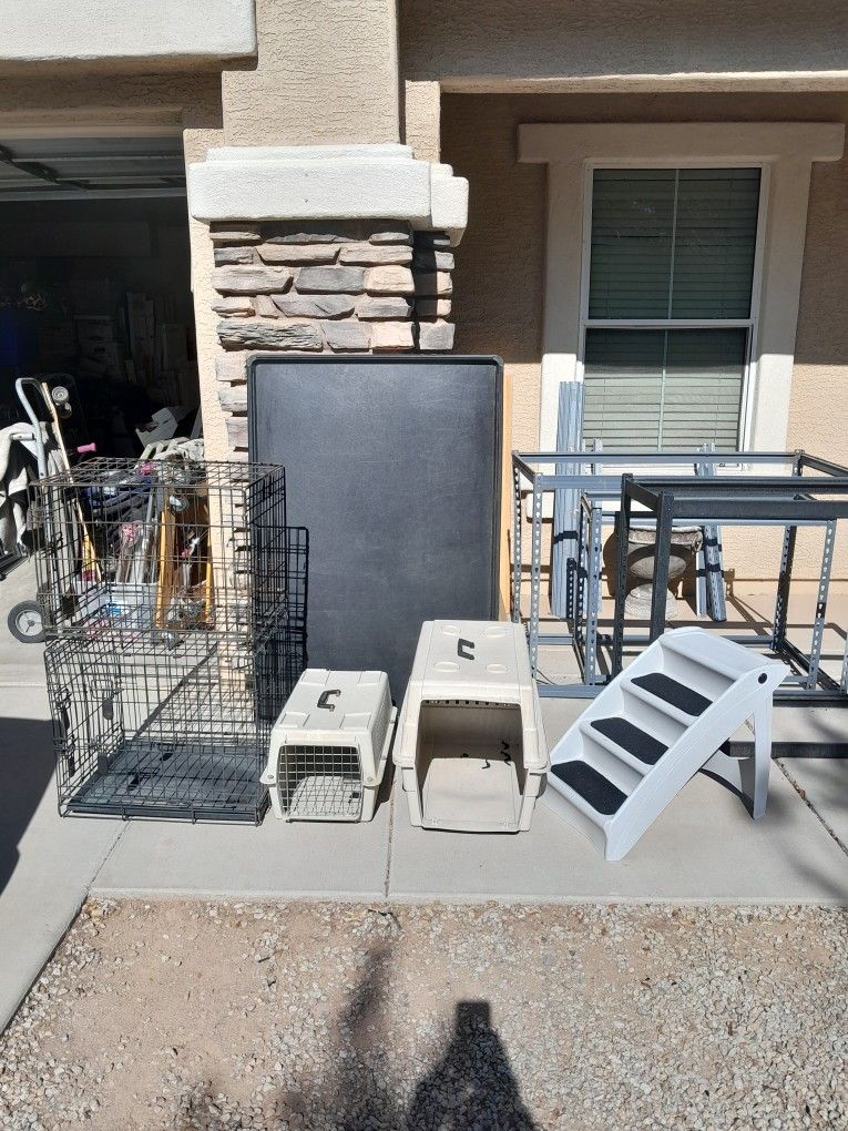 Small Pet Dog Cat Kennel Or Crates $15-$20 Each, Pet House $10, Pet Stairs $15, X-large Plastic Tray $25 See All Photos