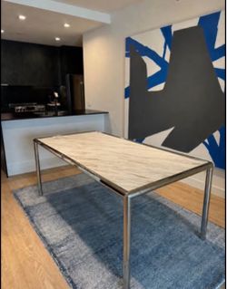 CB2 white marble and stone dining table 73”